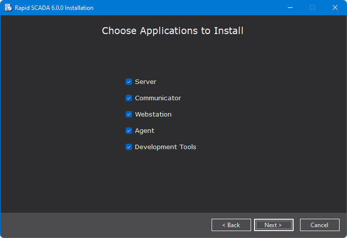 RapidSCADA installer. Choose applications